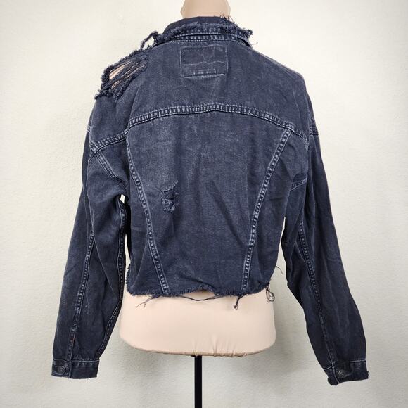 American Eagle XS Black Distressed Denim Cropped Jacket - Picture 2 of 7